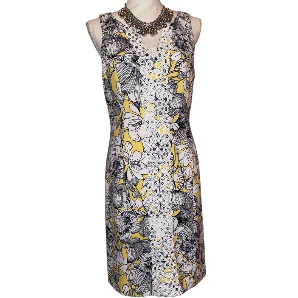 PAPPAGALLO Sheath Embroidered Sleeveless Midi Dress Yellow Black Size 6 - Picture 4 of 11